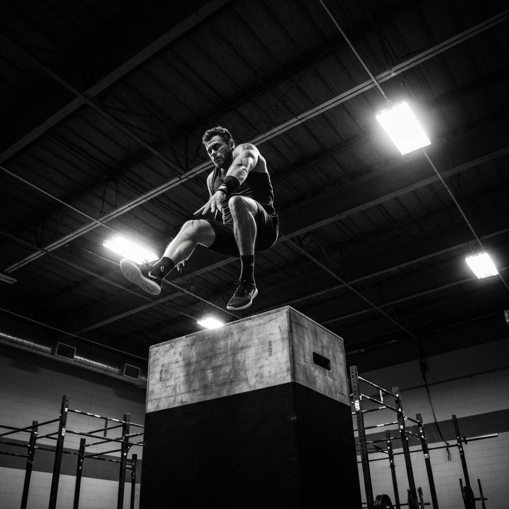 Explosive box jump captured mid-air with dramatic lighting